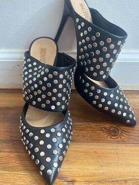 NWT Schutz Black Studded Leather Mules Stiletto Heel  Size 7